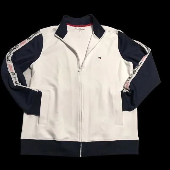 Tommy Hilfiger Mens Full Zip Mock Neck Sweater Size L Tall White Navy Stretch Zip Up